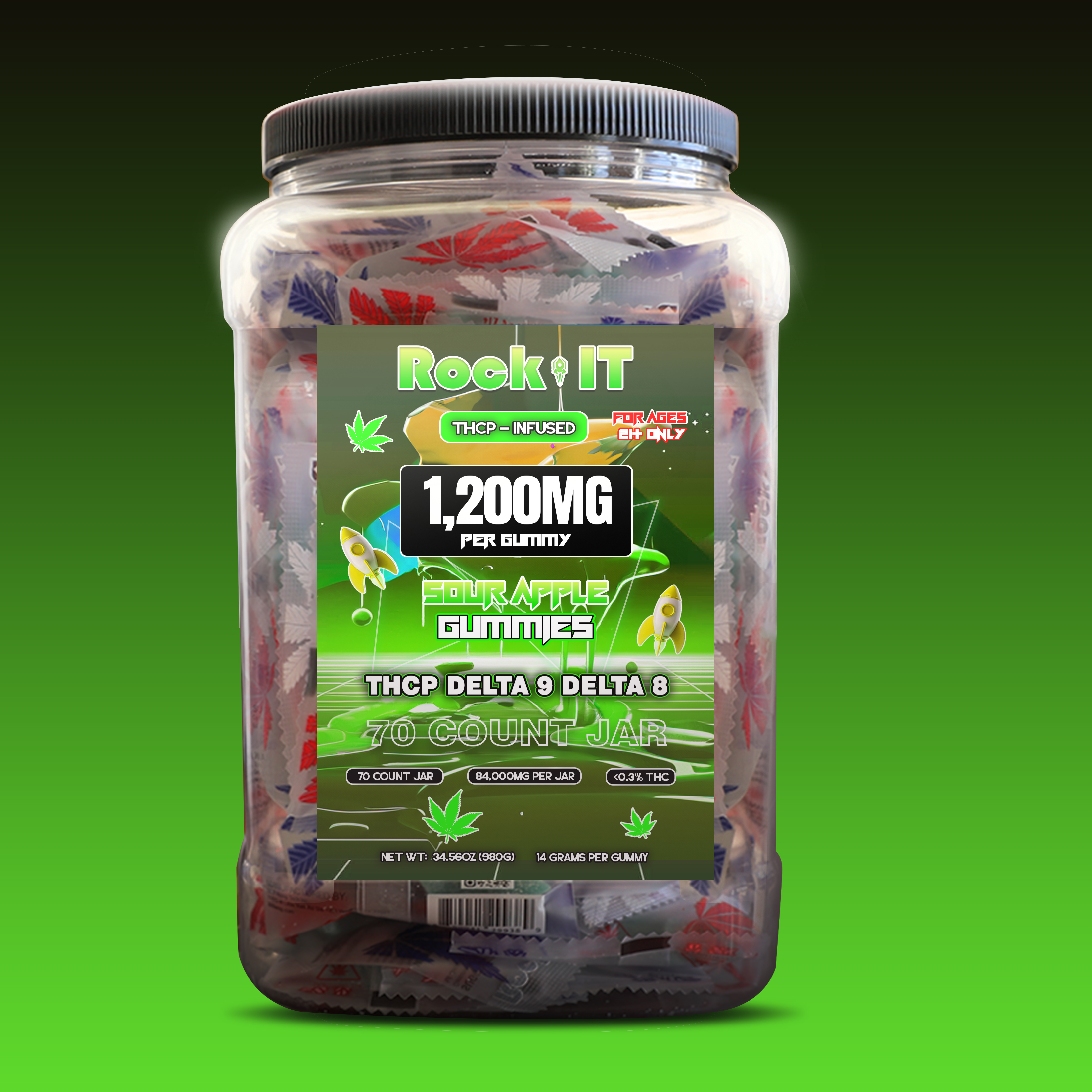 1200MG Sour Apple THCP – Delta 9 – Delta 8 – HHC Jar (70 Count)