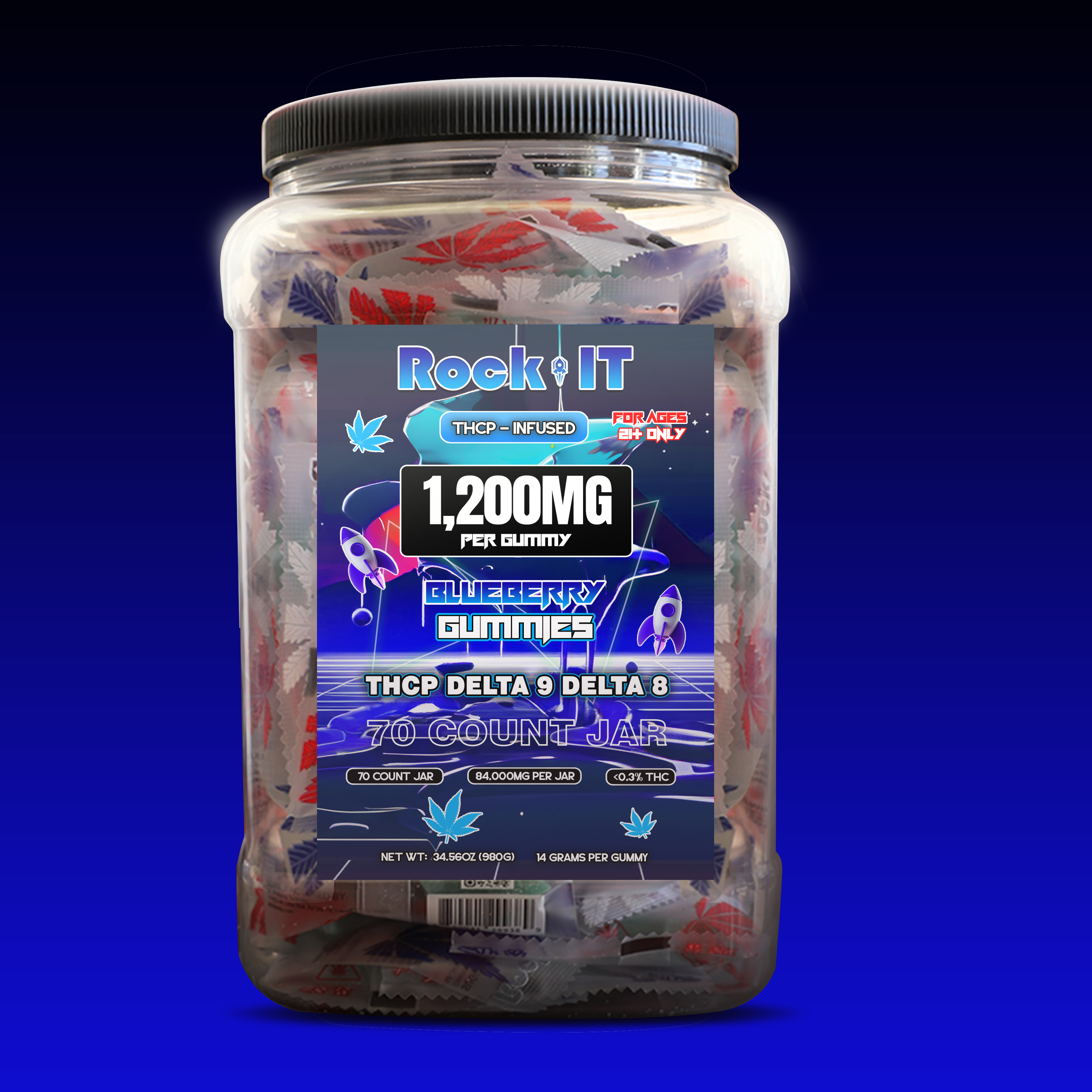 1200MG Blueberry THCP – Delta 9 – Delta 8 – HHC Jar (70 Count)