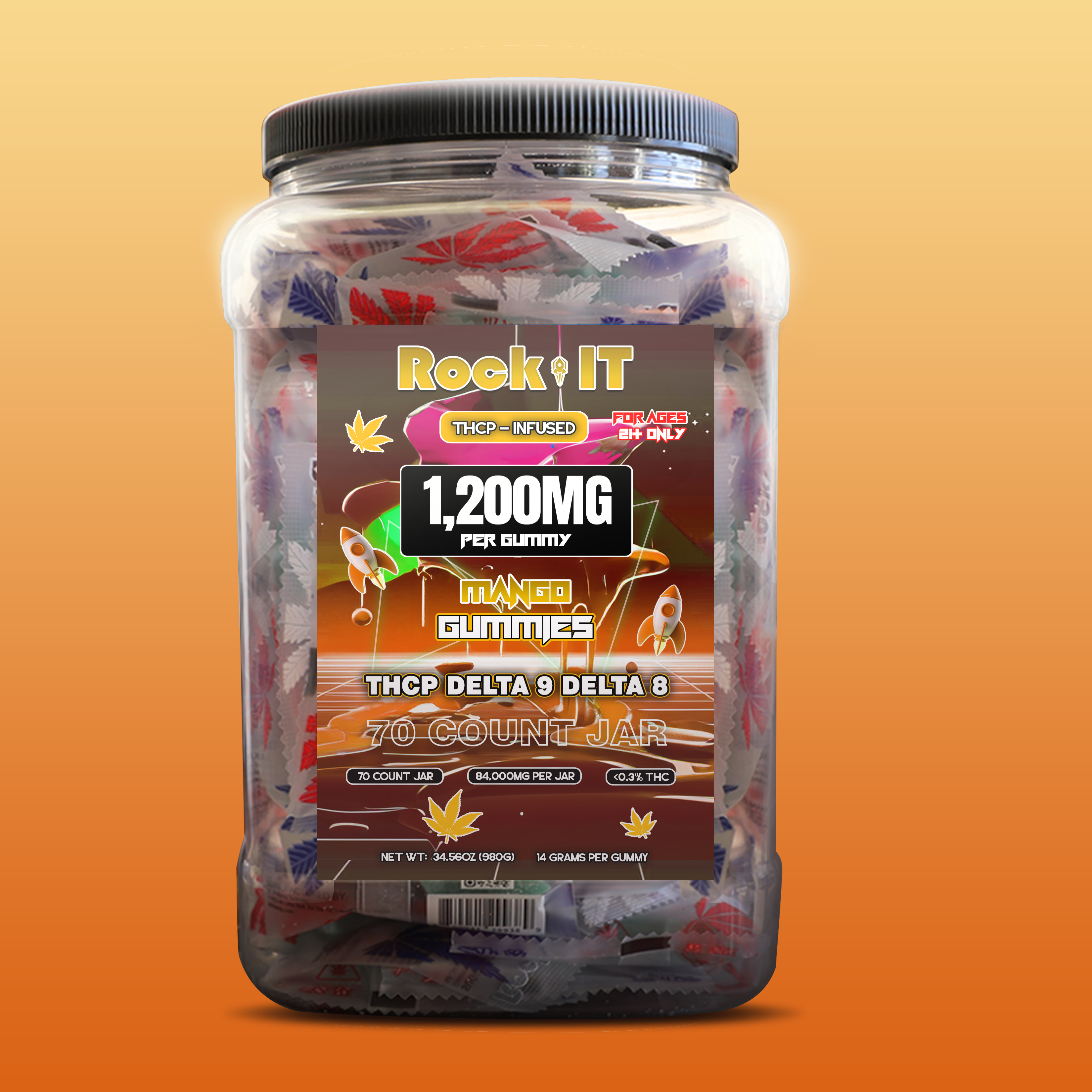 1200MG Mango THCP – Delta 9 – Delta 8 – HHC Jar (70 Count)