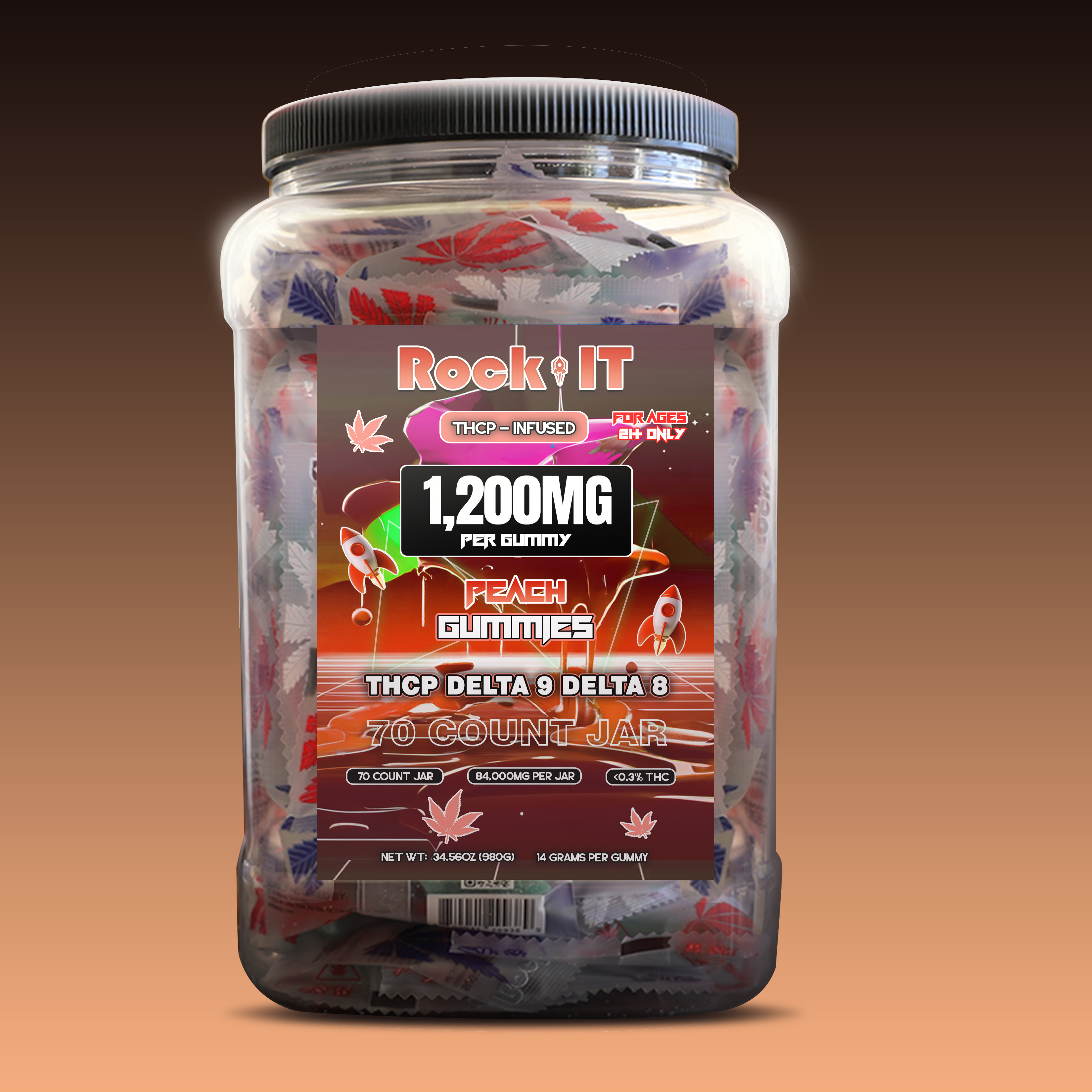 1200MG Peach THCP – Delta 9 – Delta 8 – HHC Jar (70 Count)