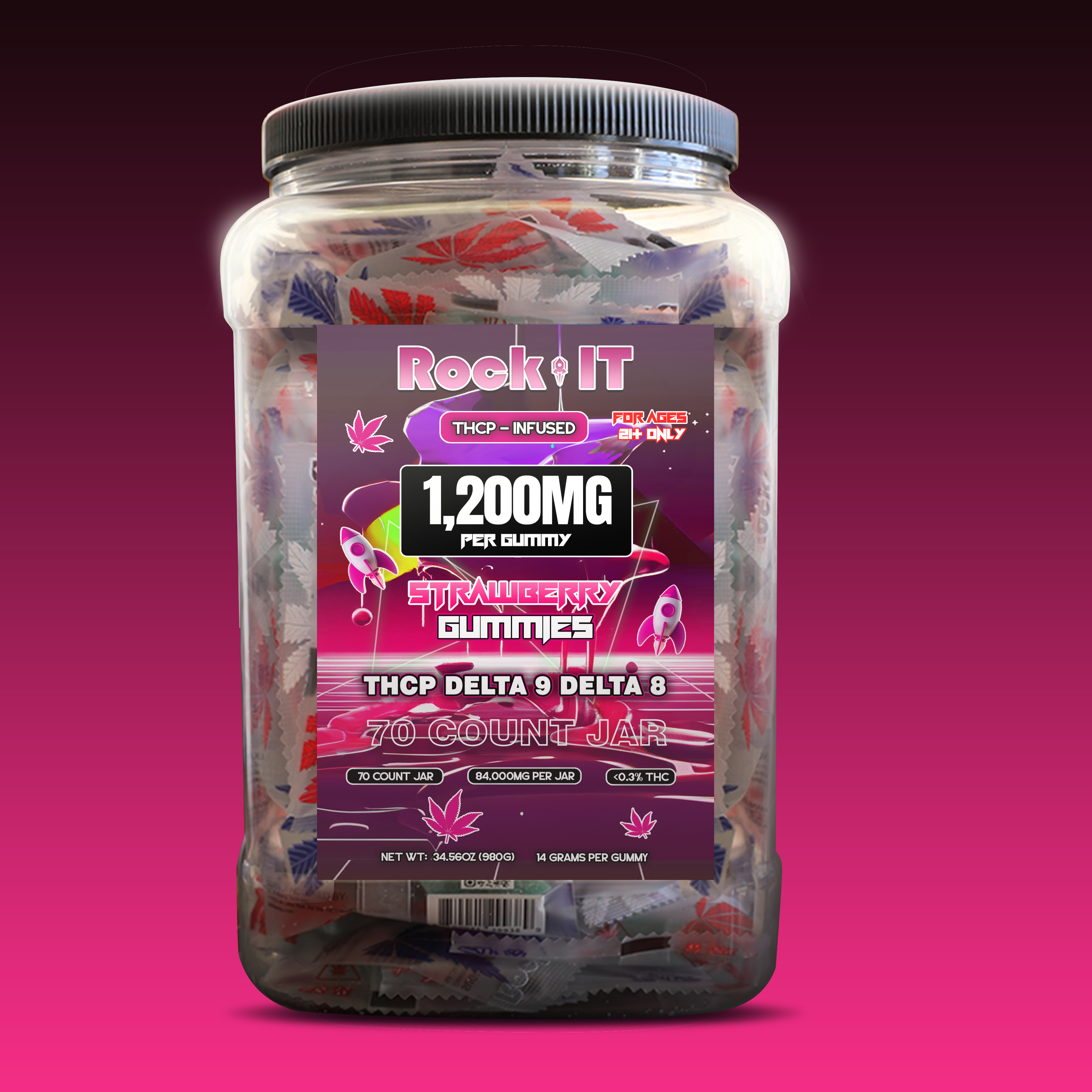 1200MG Strawberry THCP – Delta 9 – Delta 8 – HHC Jar (70 Count)