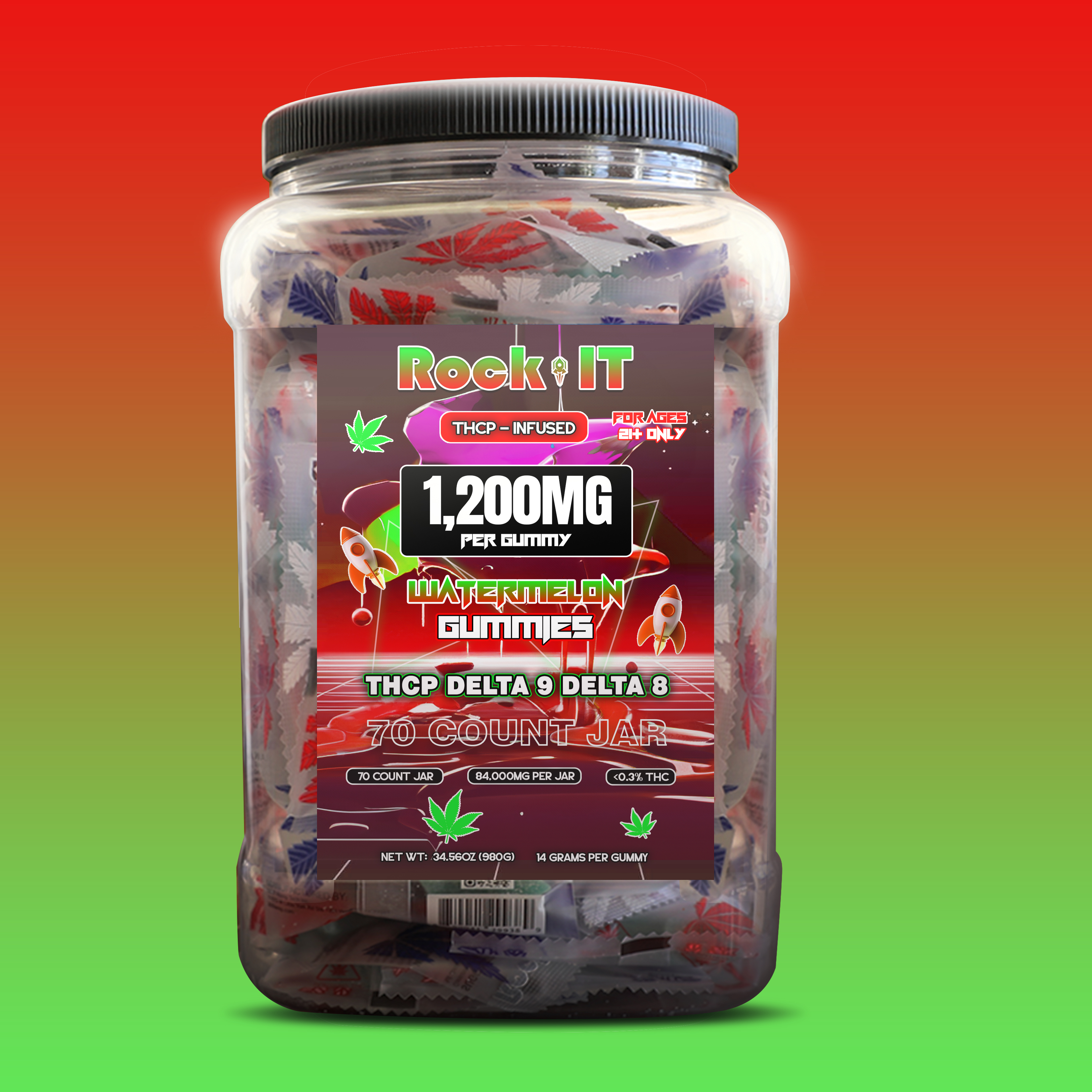 1200MG Watermelon THCP – Delta 9 – Delta 8 – HHC Jar (70 Count)